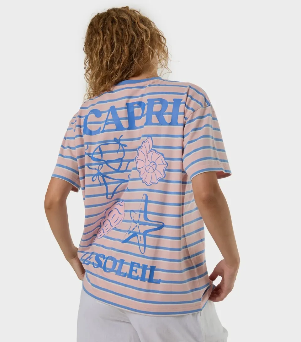 Women's Pink Cotton Striped Capri Logo T-Shirt