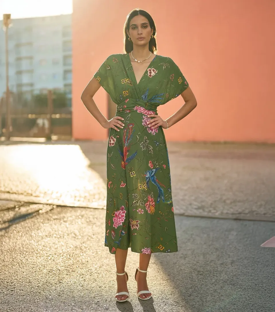 Women's Green Bird Floral Print Wrap Style Midi Dress