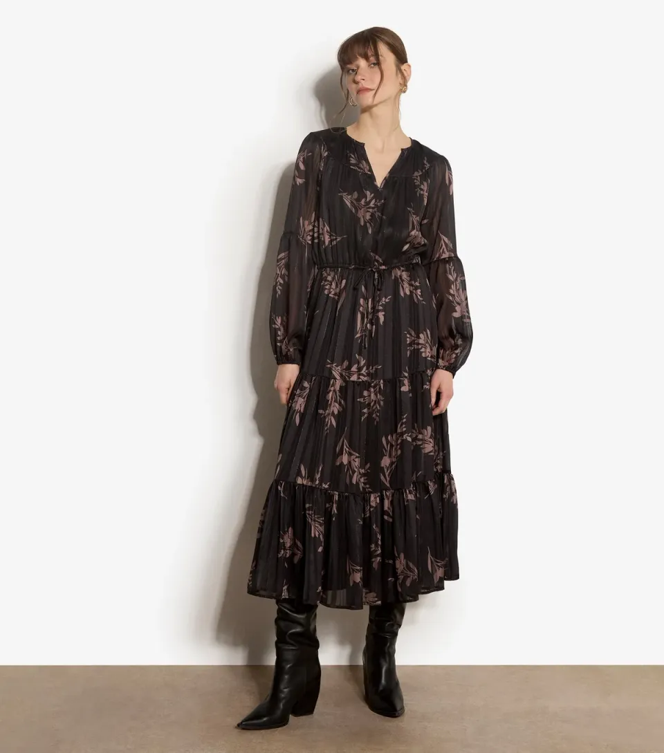 Women's Black Floral Print Boho Shirt Dress