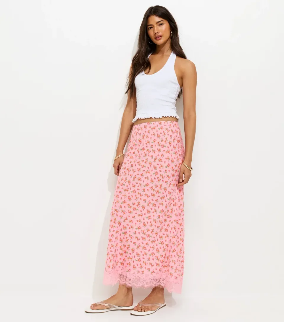 Women's Pink Floral Print Lace Hem Maxi Skirt