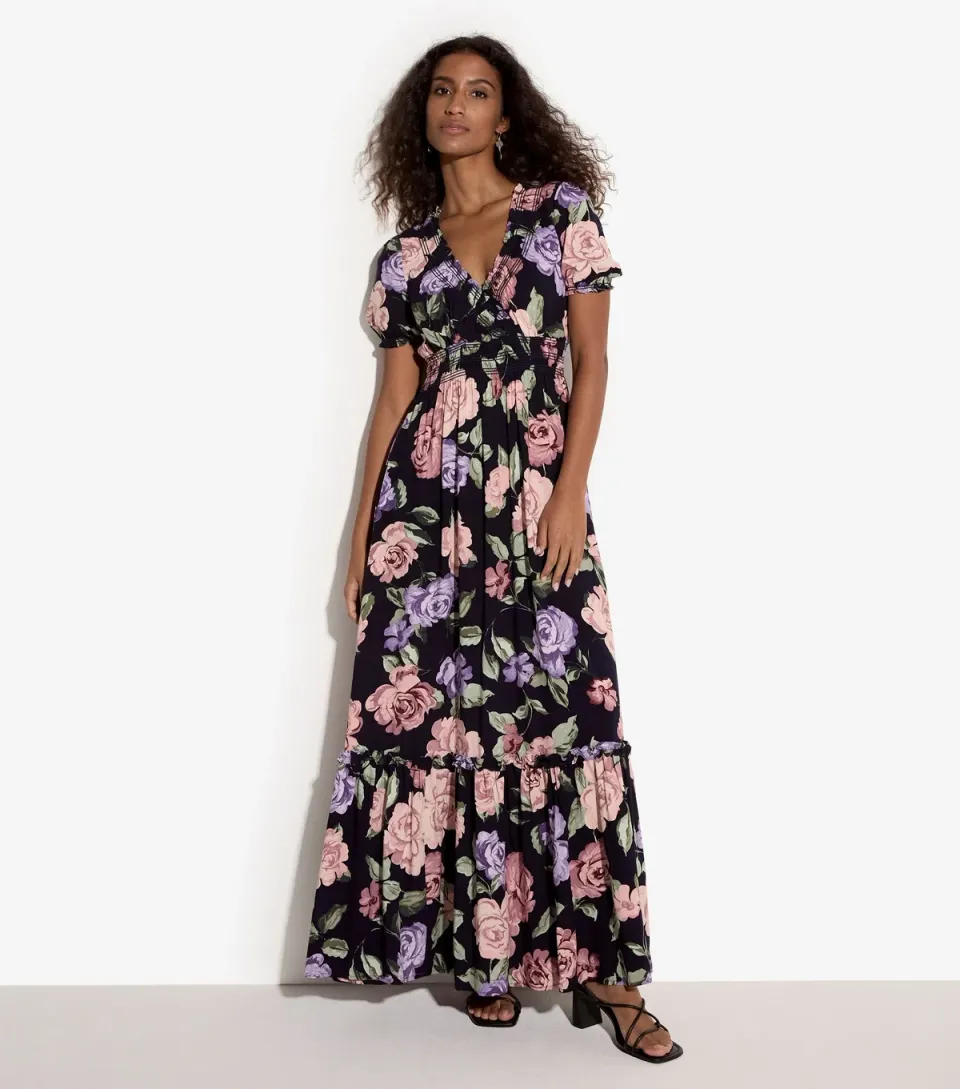 Women's Navy Floral Tiered Maxi Dress