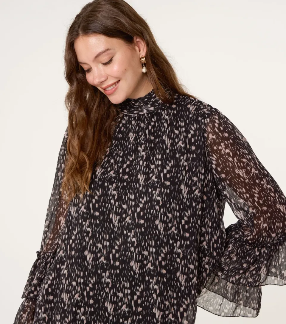 Women's Black Abstract Print Frill Sleeve Blouse