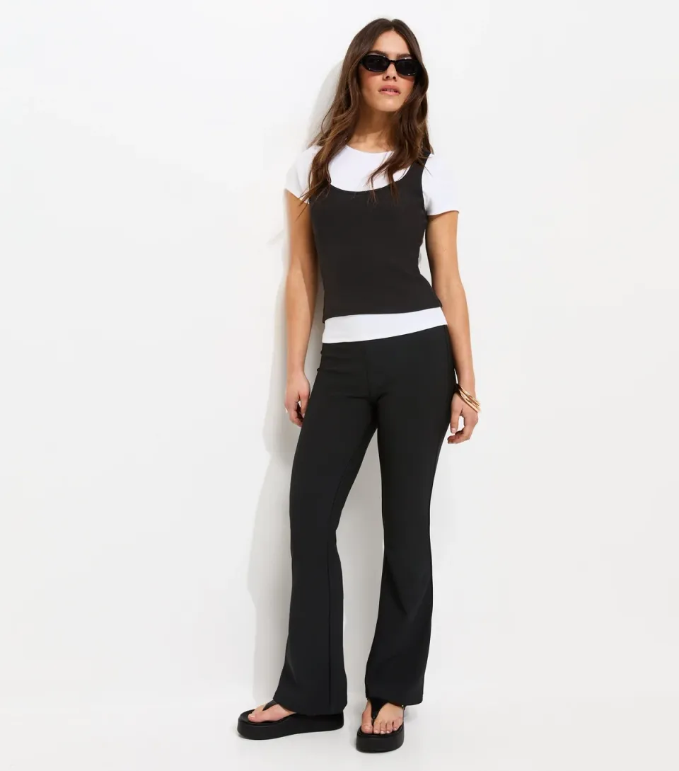 Women's Petite Black Rib Flared Trousers