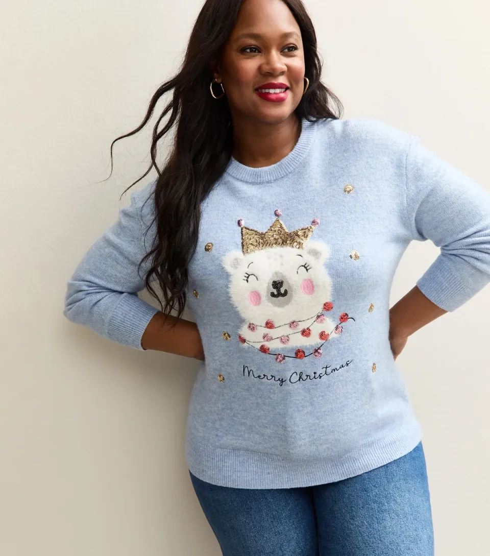 Women's Plus Size Blue Christmas Polar Bear Embellished Jumper Curves