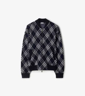 Check Wool Blend Bomber Jacket in Ink blue