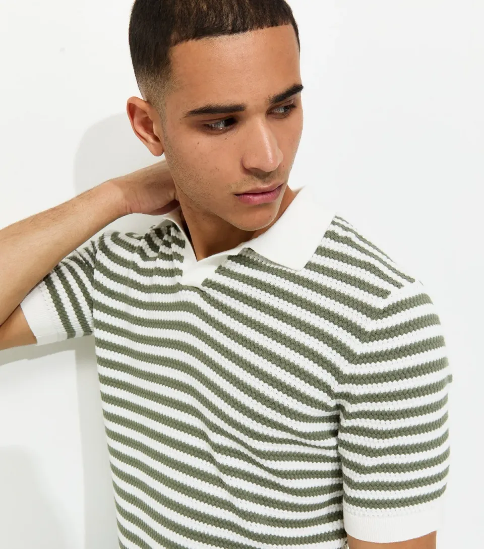 Men's Green Striped Knitted Polo Shirt