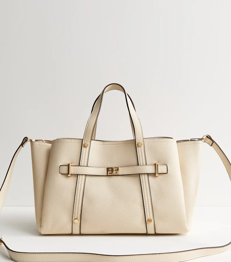 Cream Faux Leather Triple Compartment Tote Bag Vegan