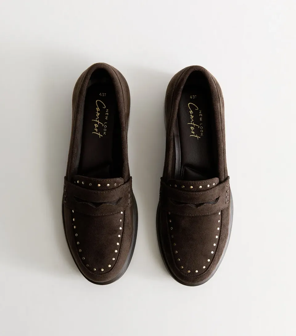 Women's Dark Brown Faux Suede Studded Loafers Vegan