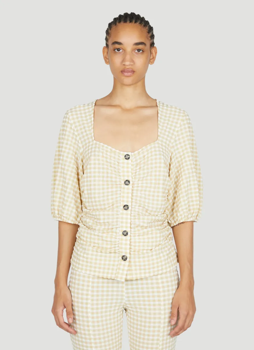 Stretch Seersucker Gathered Blouse