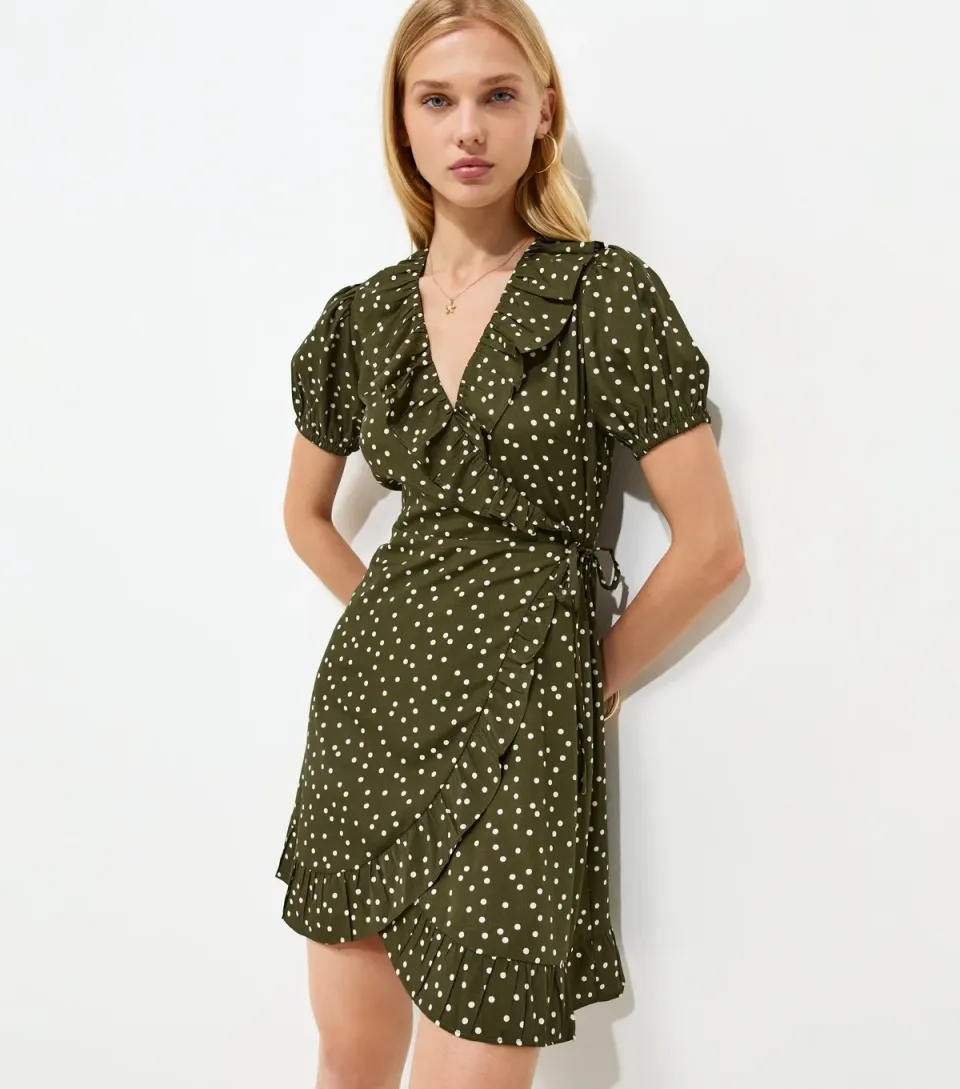 Women's Green Polka Dot Wrap Mini Dress