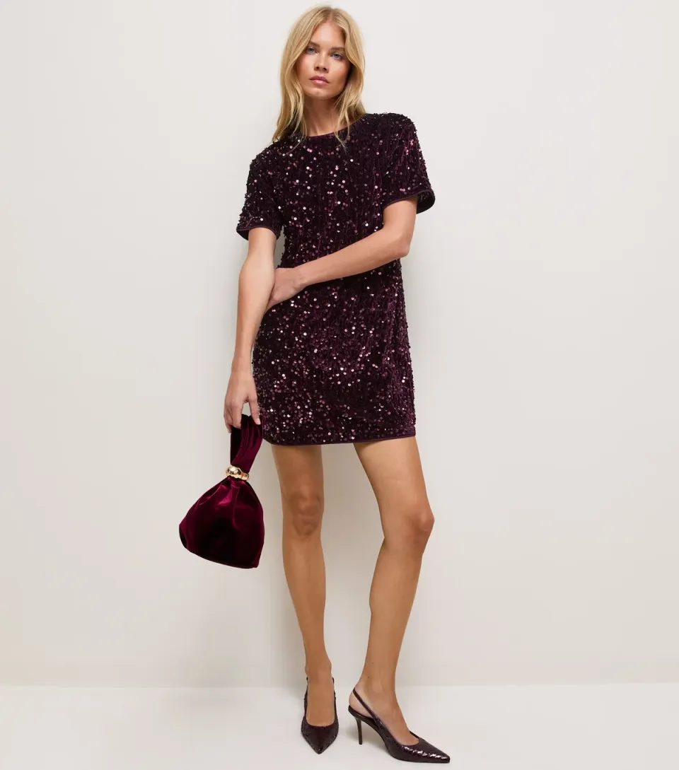 Women's Dark Burgundy Velvet Sequin Relaxed T-Shirt Mini Dress