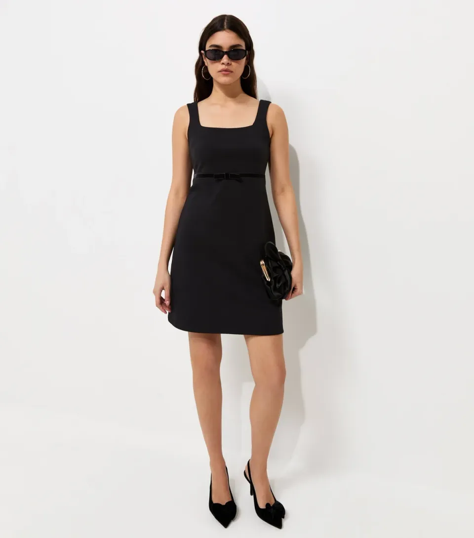 Women's Black Cotton Rich Velvet Underbust Bow Ponte Jersey Mini Dress