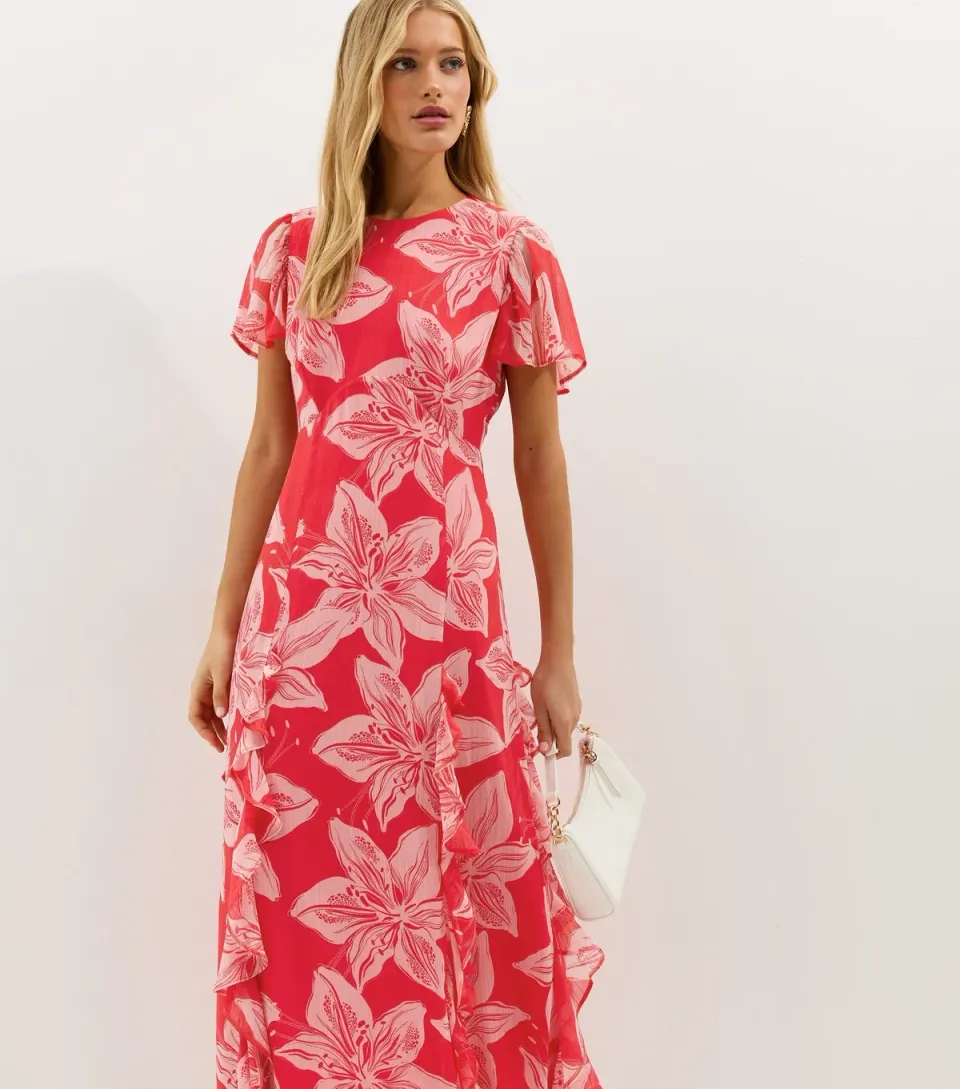Women's Red and Pink Orchid Godet Chiffon Midi Dress