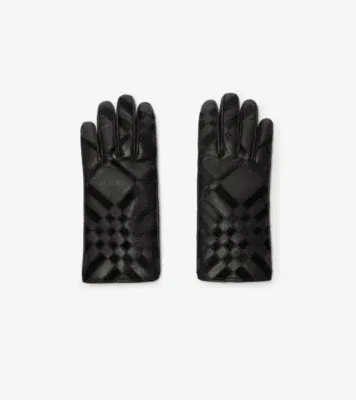 Check Intarsia Leather Gloves in Black
