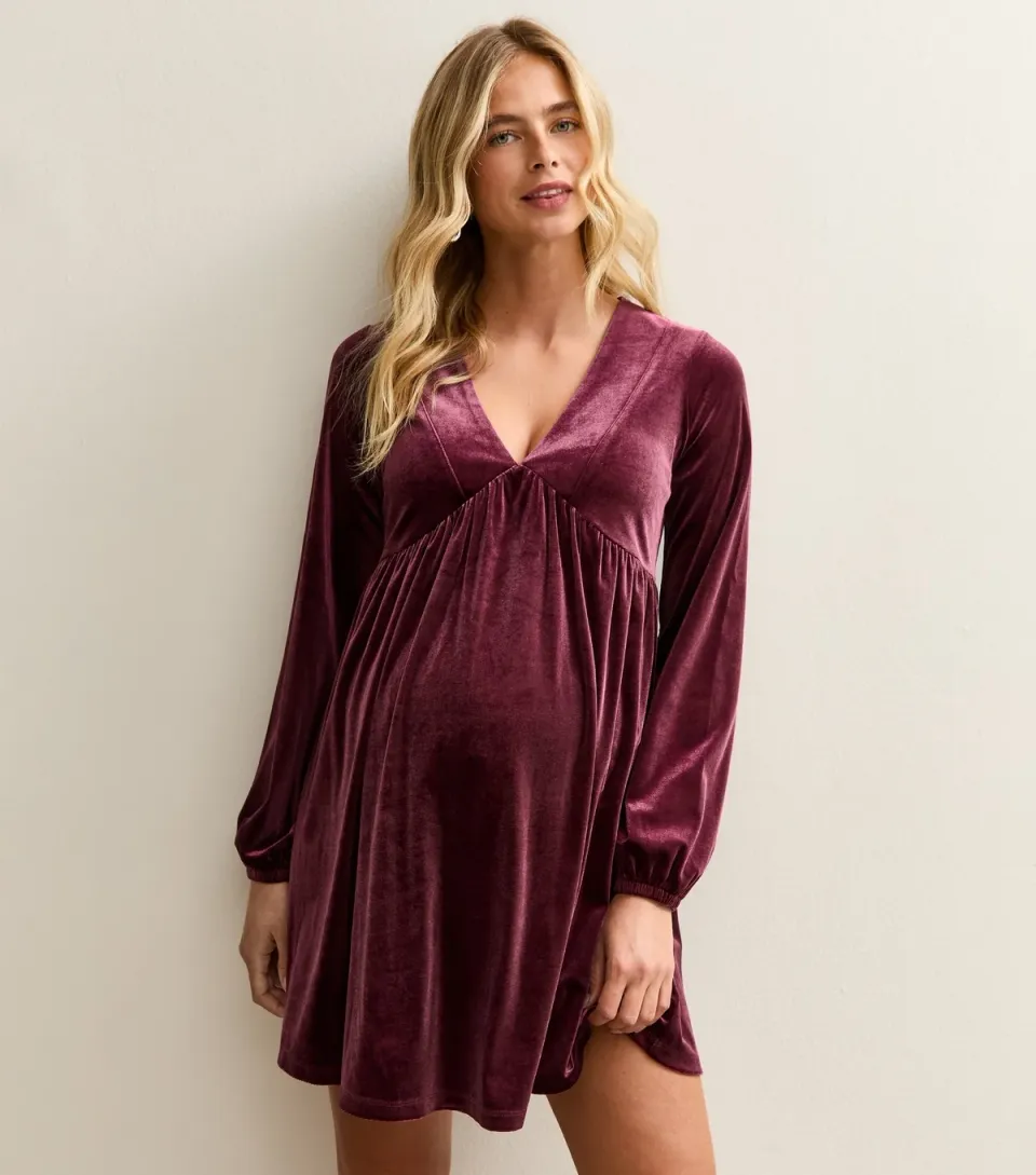 Women's Maternity Burgundy Velvet Long Sleeve Mini Dress