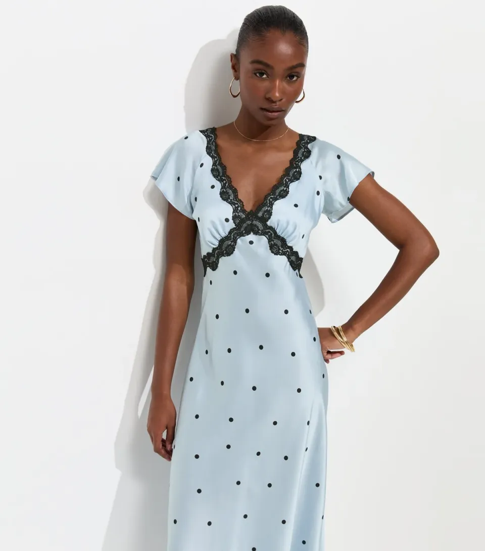 Women's Blue Satin Polka Dot Lace Trim Midi Dress