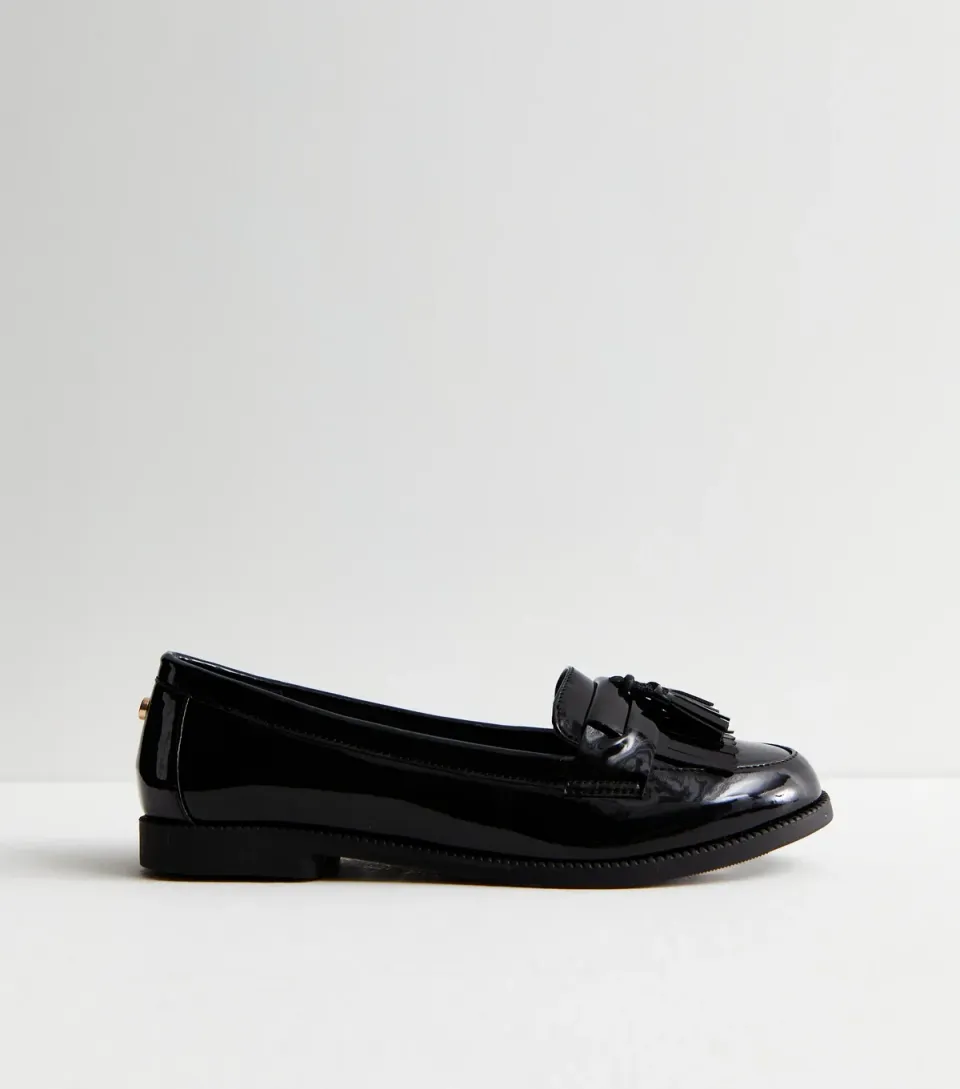 Women's Black Patent Faux Leather Tassel Trim Loafers Vegan