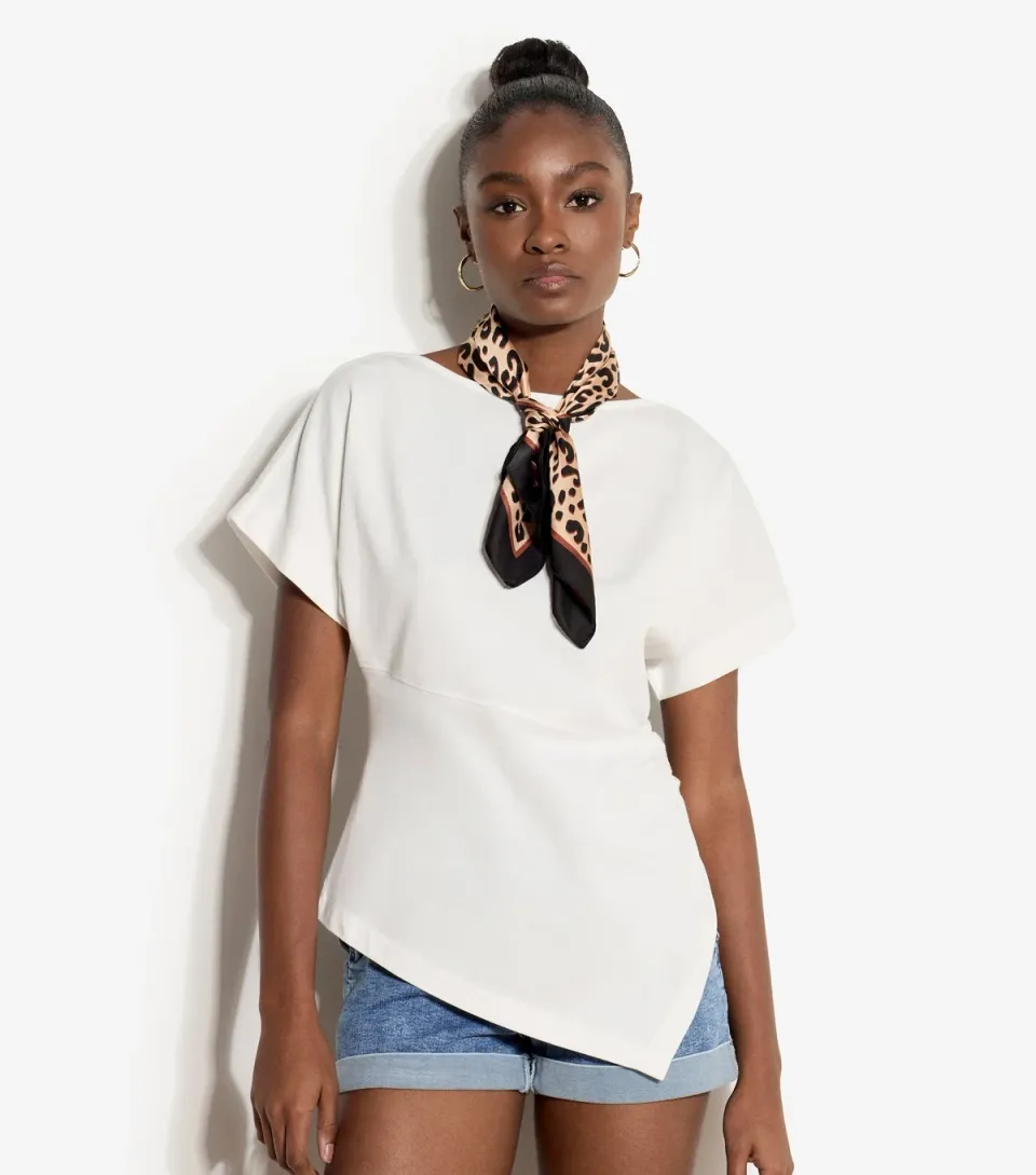 Women's White Cotton Asymmetric Gathered Side T-Shirt