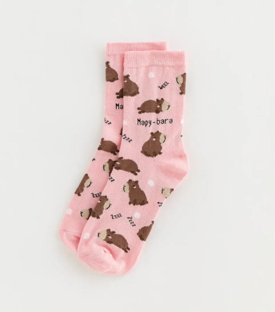 Pink Capybara Patterned Ankle Socks