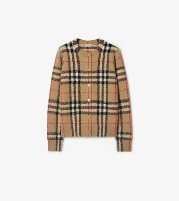 Check Cashmere Wool Cardigan in Sand beige