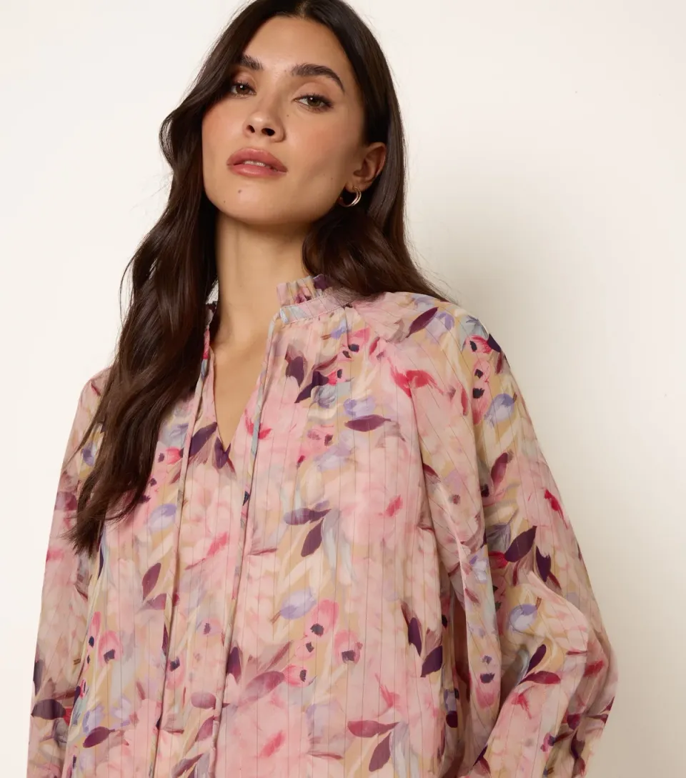 Women's Pink Floral Print Tie Front Blouse