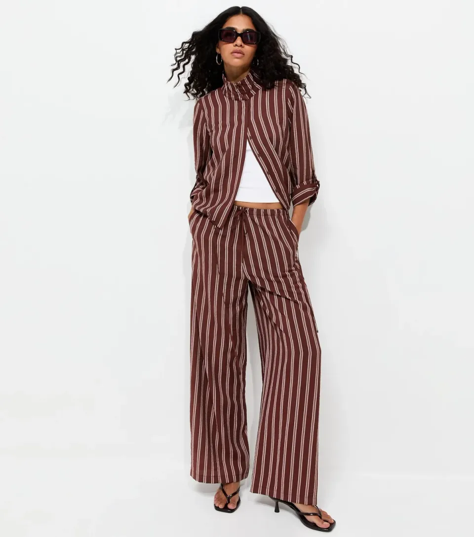 Women's Burgundy Stripe Wide Leg Trousers