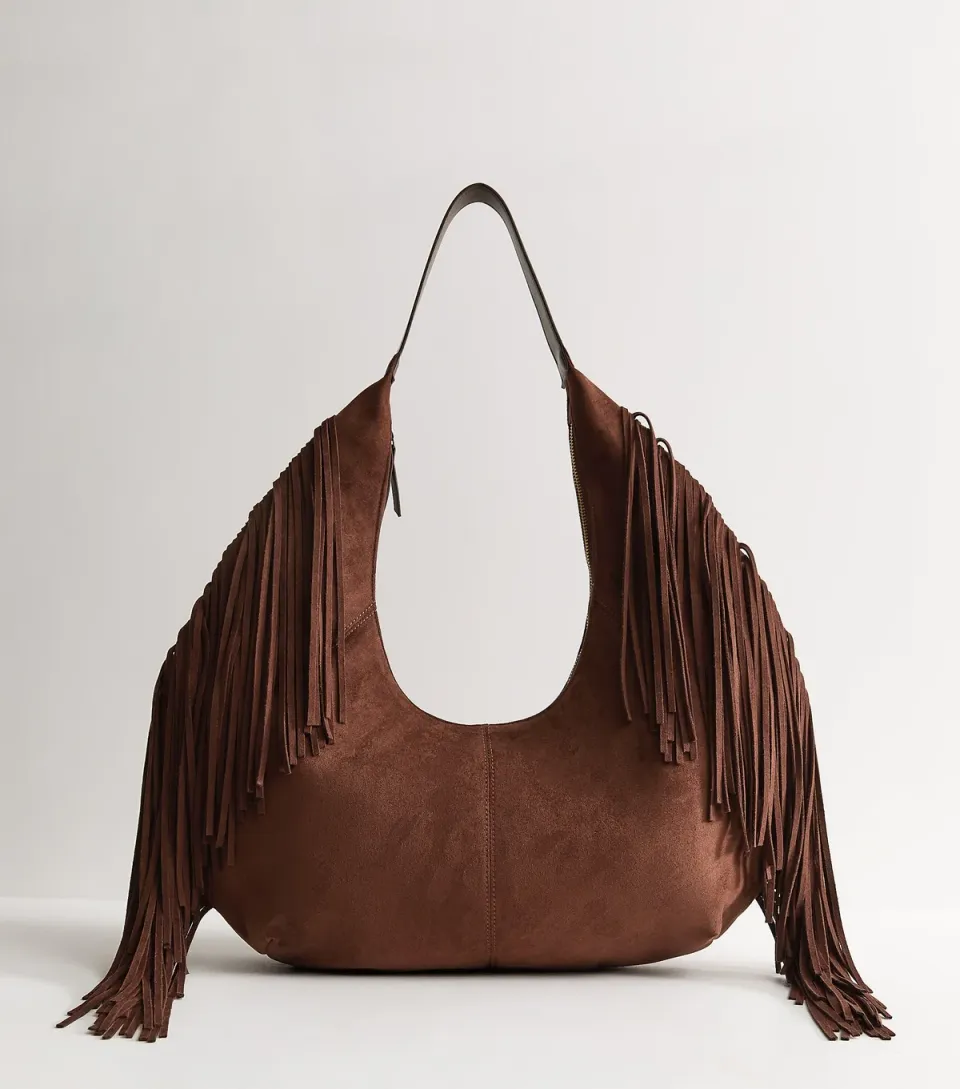 Dark Brown Faux Suede Fringed Slouchy Shoulder Bag