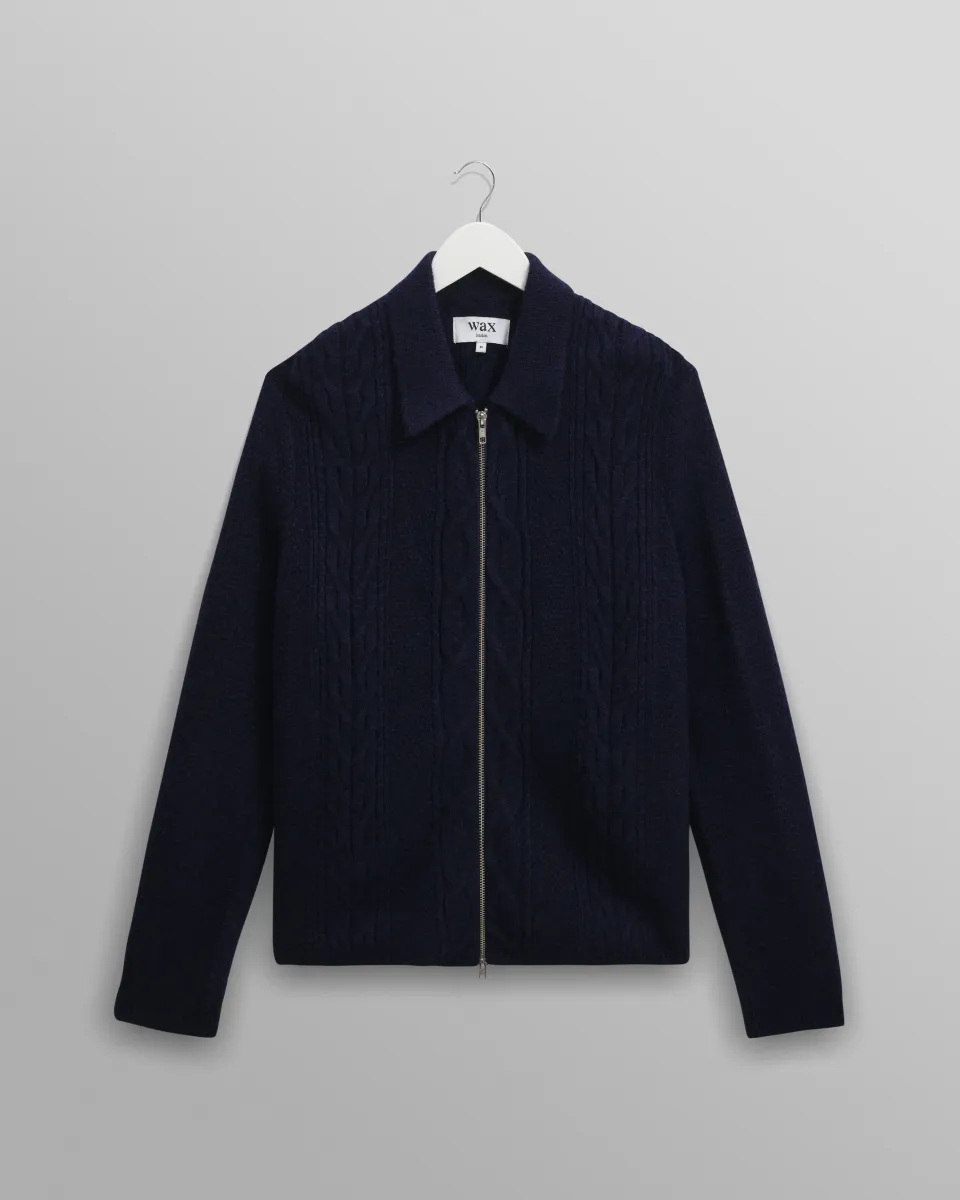 Friar - Navy Brush Cable Knit Zip Cardigan