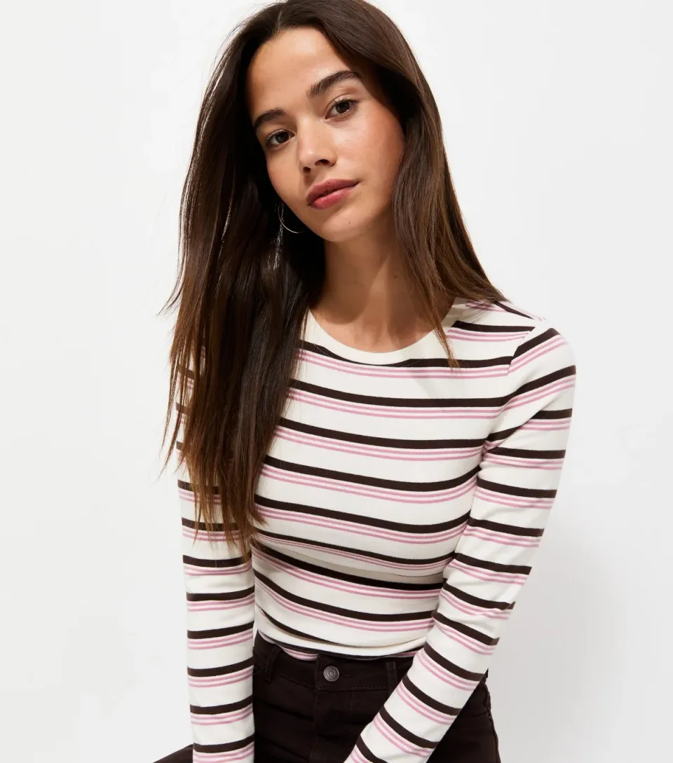 Women's Cream Cotton Rich Striped Long Sleeve Baby Tee T-Shirt