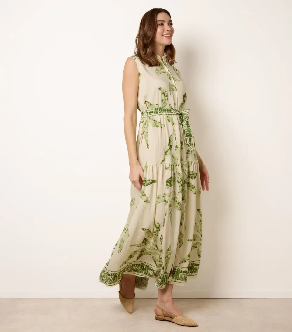 Women's Green Leaf Print Sleeveless Midi Dress