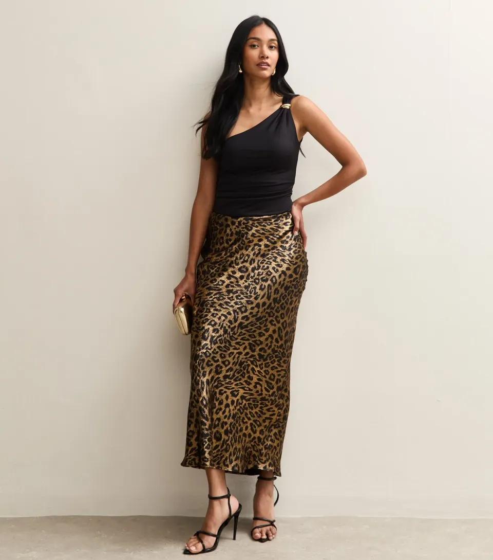 Women's Gold Animal Print Satin Bias Cut Midi Skirt