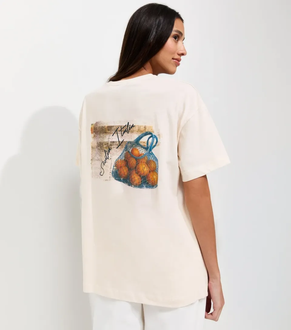 Women's Off White Cotton Orange Print Oversized T-Shirt