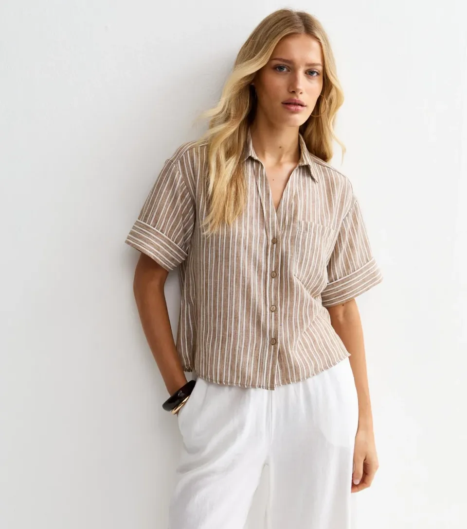 Women's Brown Chest Pocket Striped Crop Shirt