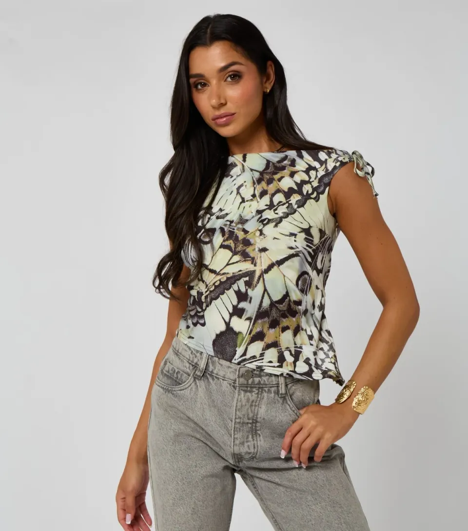 Women's Green Pattern Asymmetric Tie Top