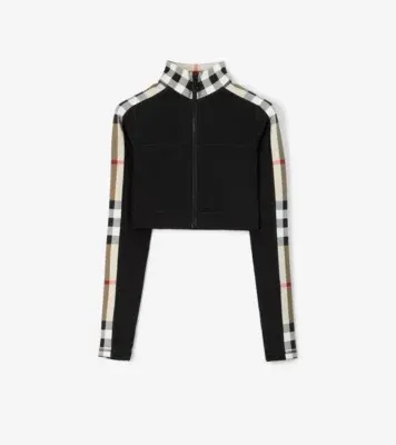 Cropped Check Trim Stretch Jersey Zip Top in Black - Women, Nylon