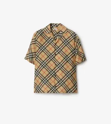 Oversized Check Silk Shirt in Sand beige