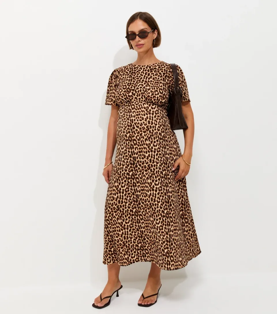 Women's Maternity Brown Leopard Print Crinkle Texture Midi Dress