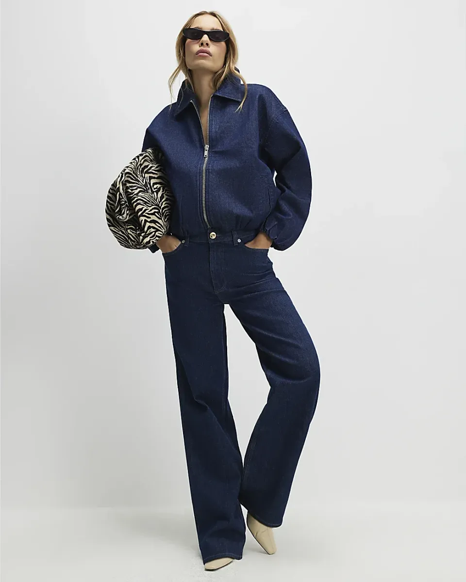Denim Gathered Hem Bomber Jacket