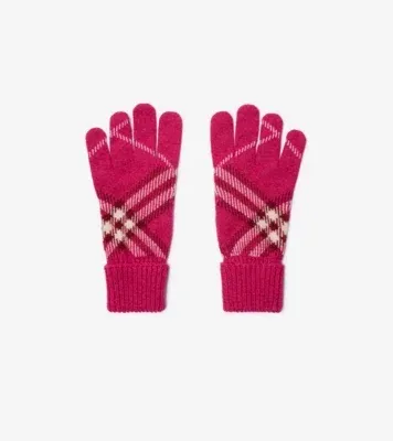Check Cashmere Blend Gloves in Jam pink