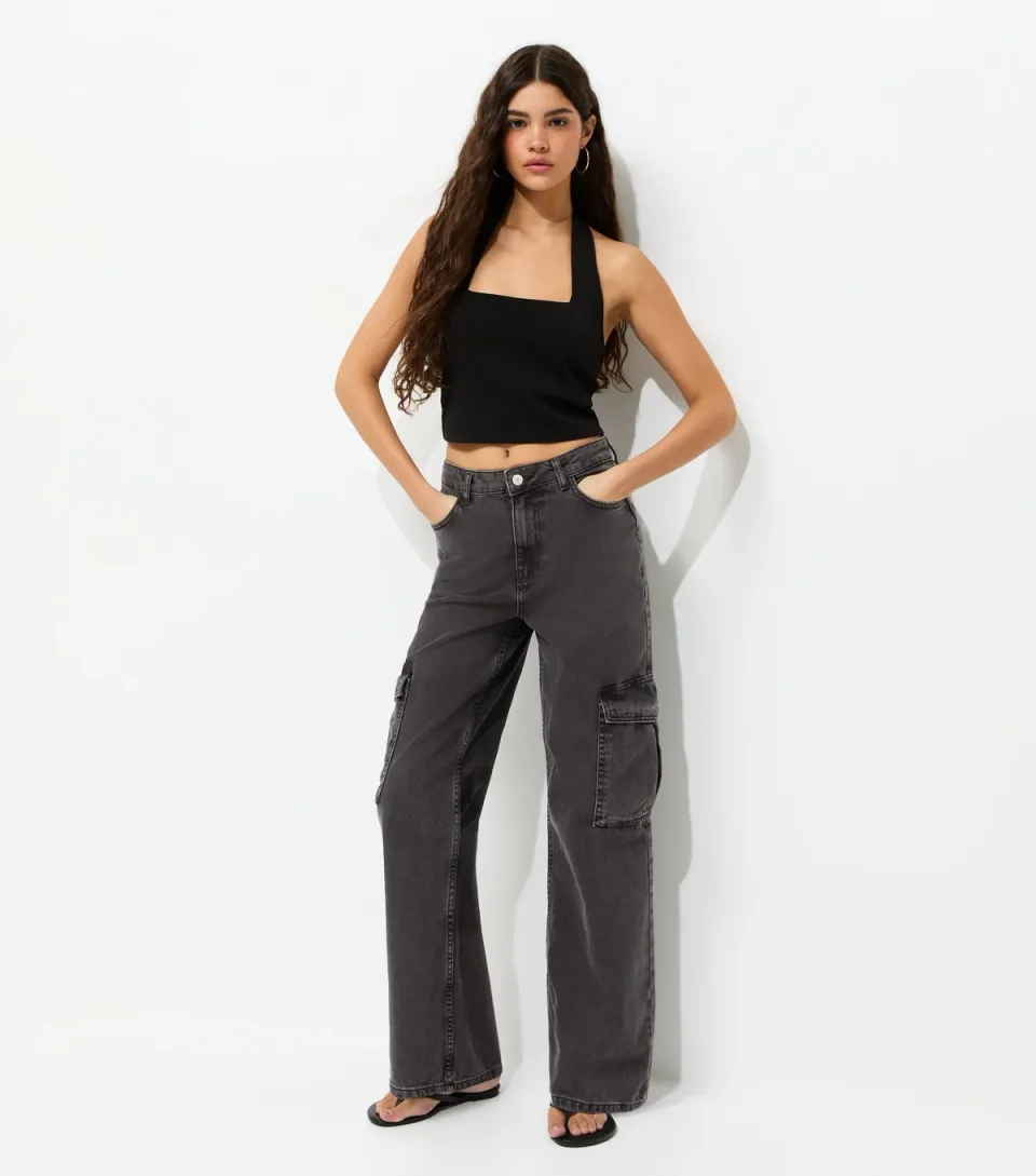 Women's Washed Black High Waist Cargo Jeans