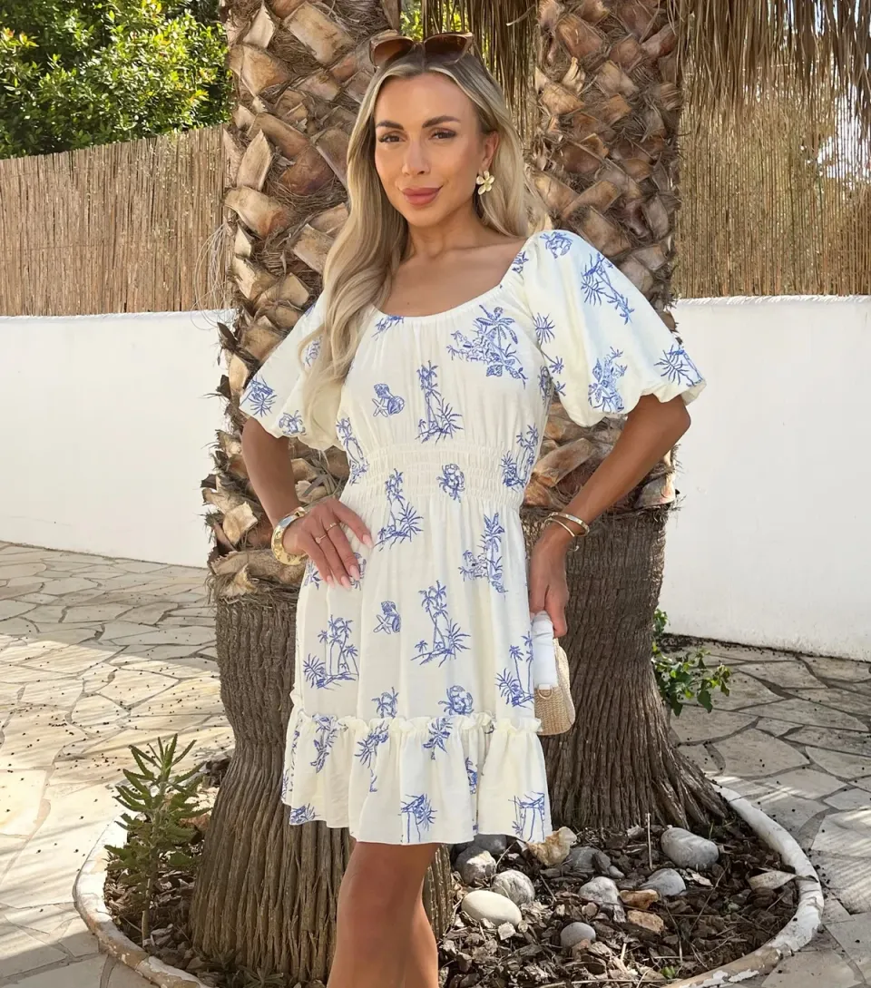 Women's Blue Beach Print Frill Hem Mini Dress