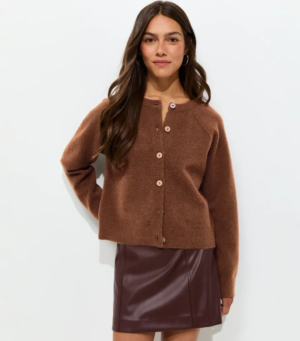 Women's Petite Dark Brown Brushed Knit Raglan Meet The Jean Cardigan
