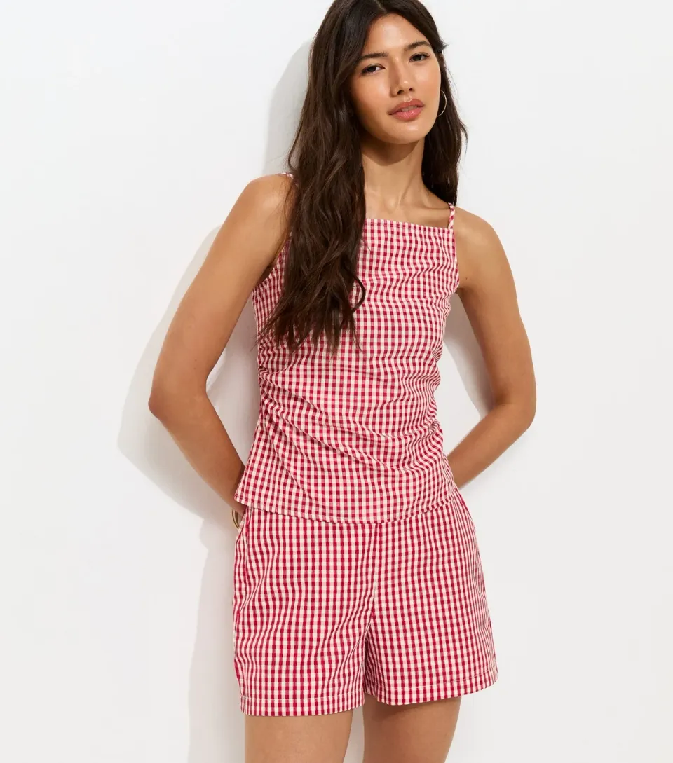 Women's Red Gingham Print Ruched Cami Top