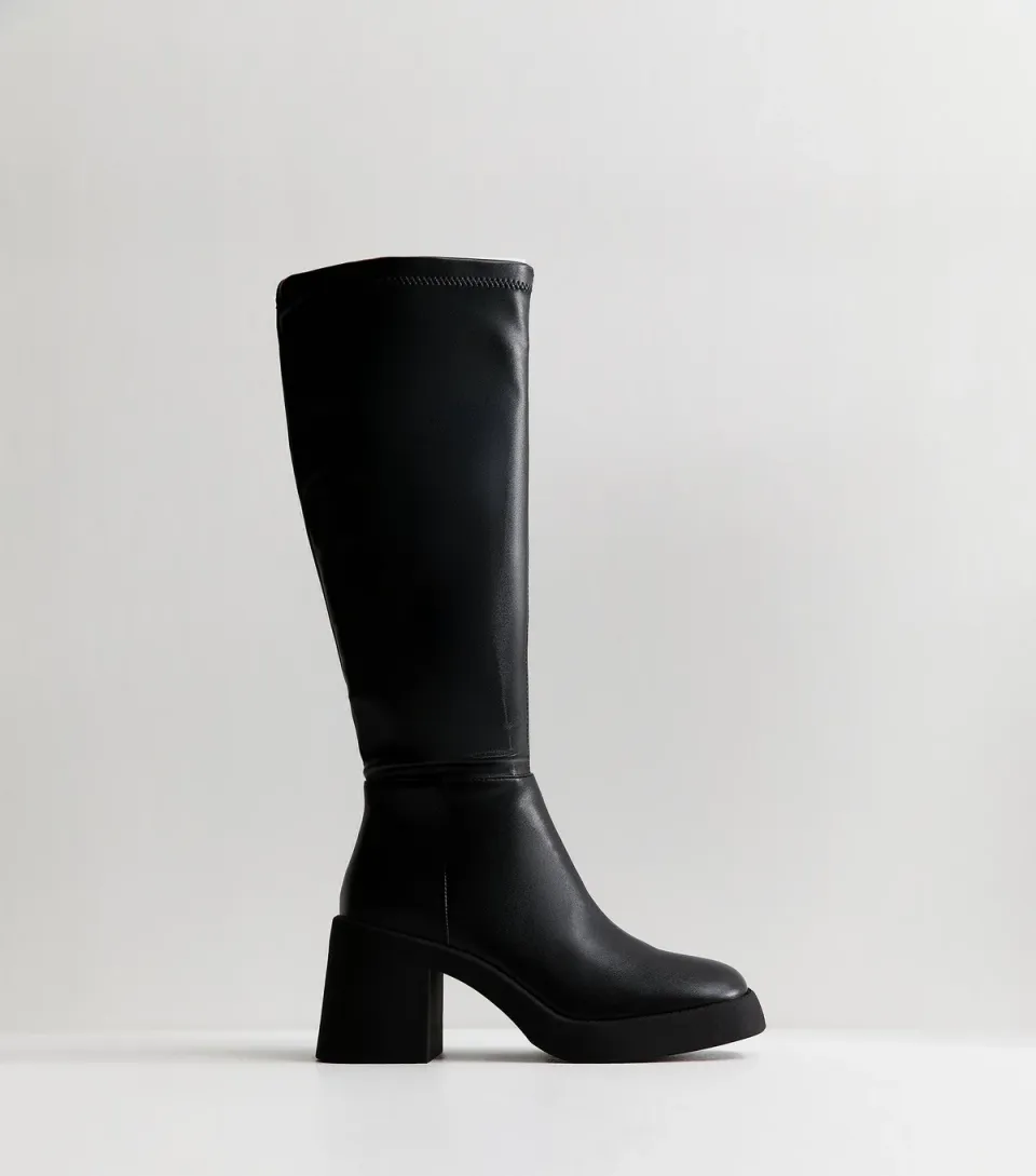 Women's Slim Calf Fit Faux Leather Black Stretch Chunky Boots Vegan