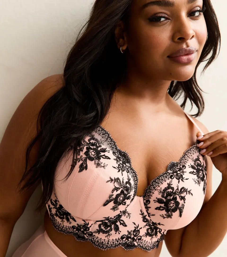 Women's Plus Size Light Pink Eyelash Embroidered Longline Padded Bra Curves