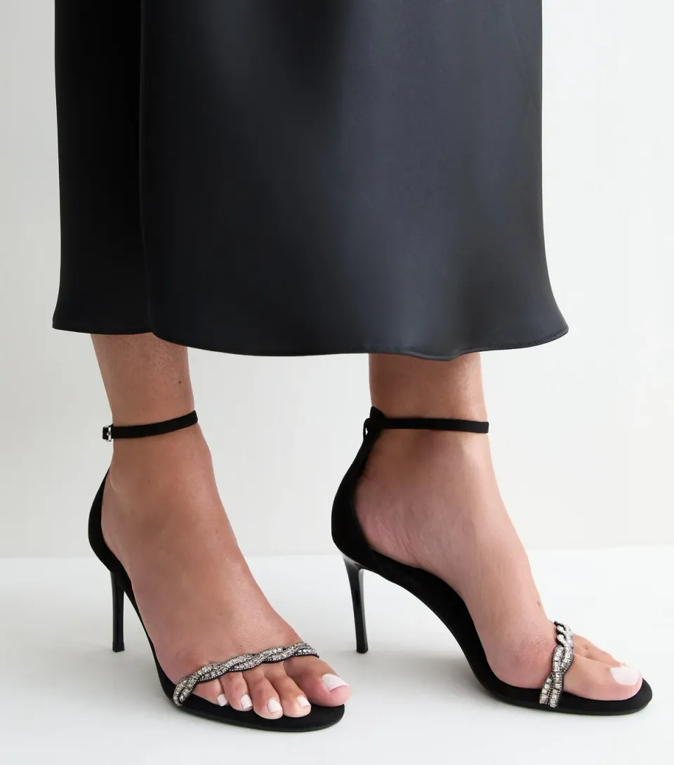 Women's Black Faux Suede Twisted Diamante Strap Stiletto Sandals Vegan