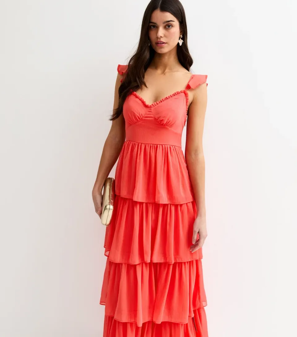 Women's Coral Tiered Chiffon Midi Dress
