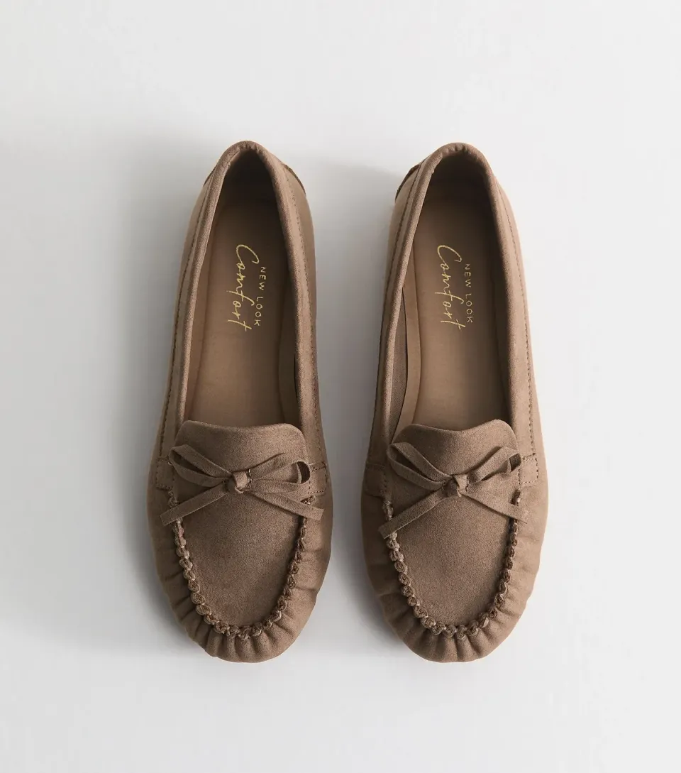 Women's Light Brown Faux Suede Bow Detail Moccasin Loafers Vegan
