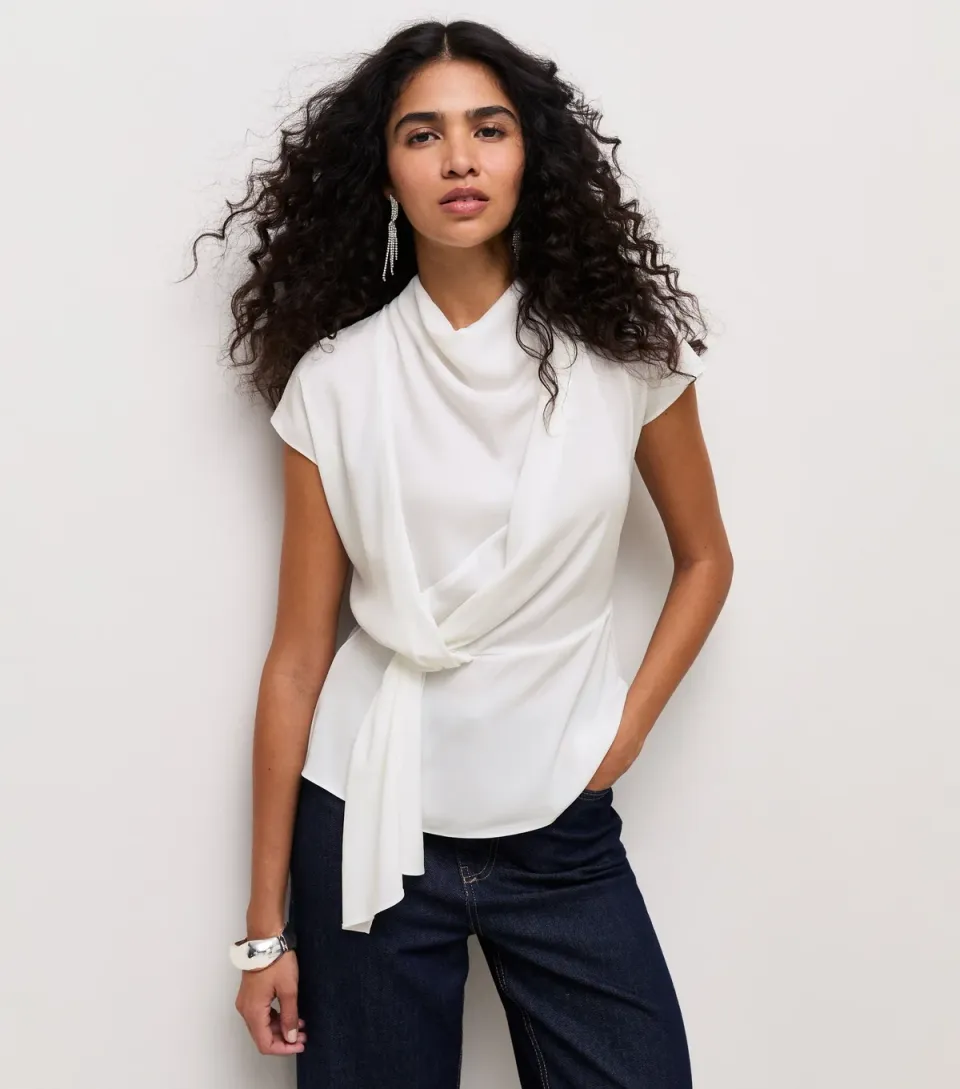 Women's Cream Cowl Neck Draped Short Sleeve Blouse