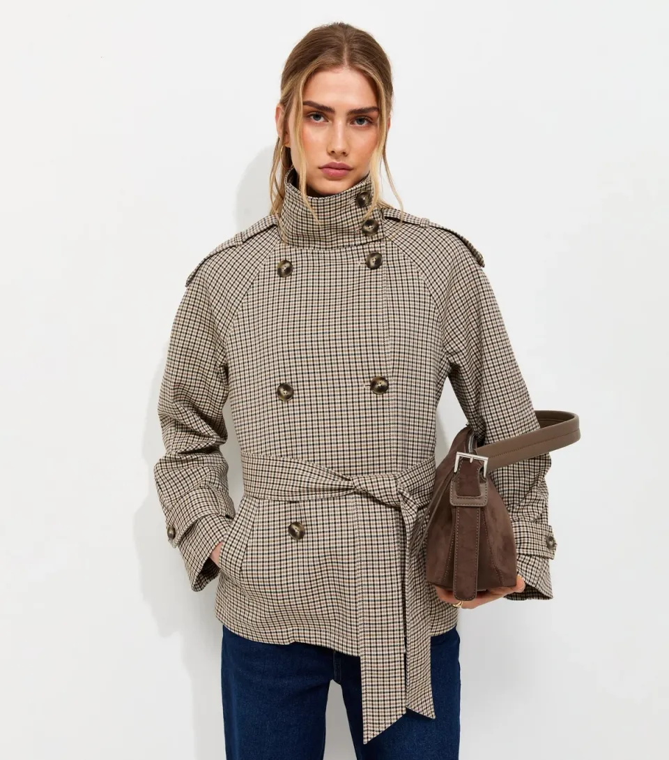 Women's Brown Check High Neck Belted Mac Jacket